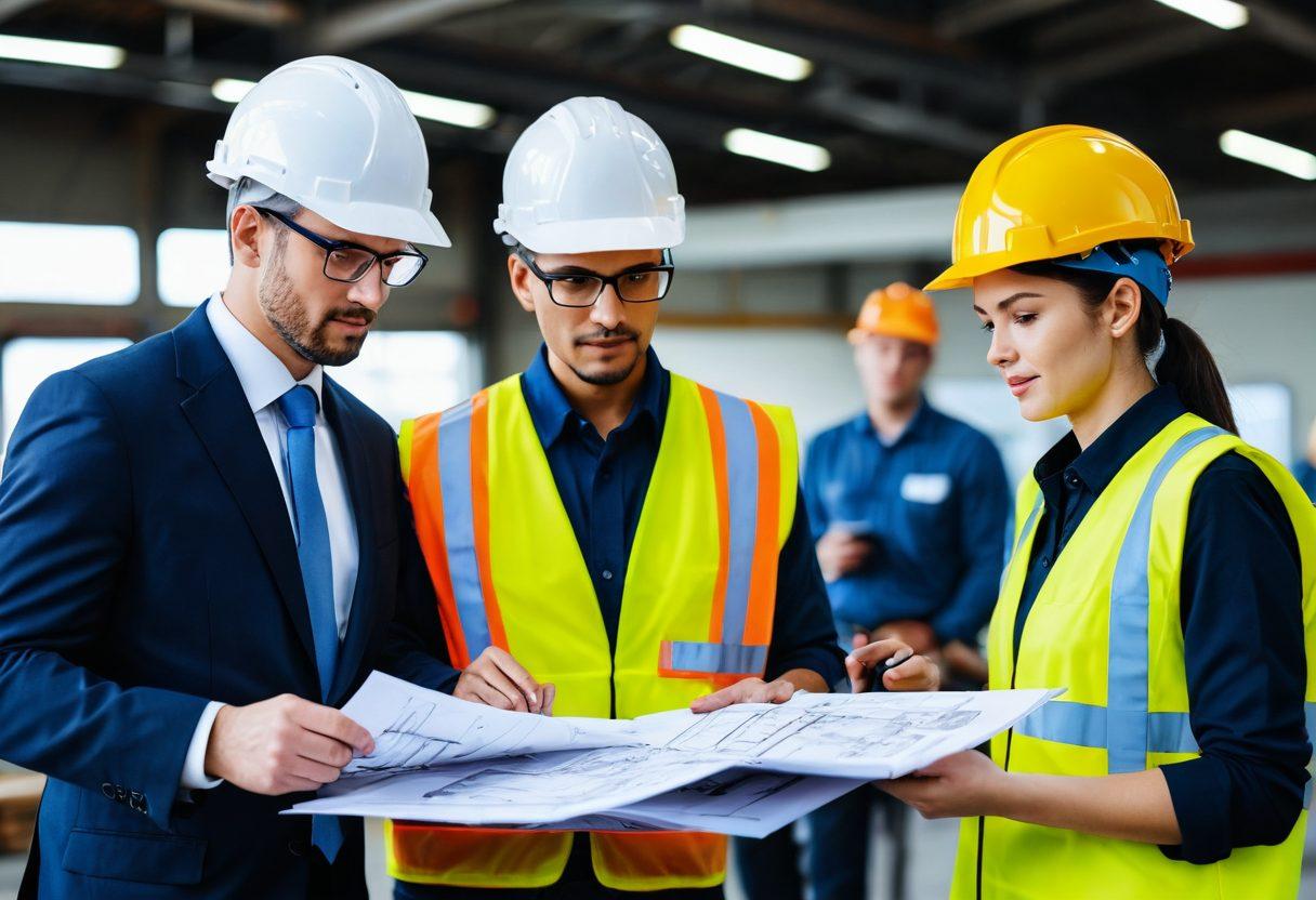A professional setting with a diverse group of people in hard hats and safety gear, analyzing blueprints and discussing industrial equipment options. Various types of machinery and tools are displayed in the background, showing a wide selection. The scene conveys collaboration and expertise, with an emphasis on smart choices and efficiency. Bright, inspirational lighting to reflect innovation. super-realistic. vibrant colors. clean background.