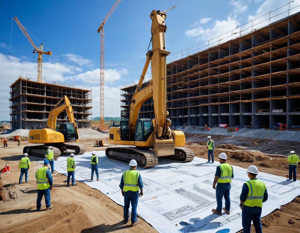 A dynamic construction site showcasing diverse equipment like excavators, cranes, and scaffolding, with workers in hard hats efficiently collaborating. In the background, a blueprint is laid out, symbolizing planning and organization. Bright blue skies and a bustling atmosphere enhance the idea of productivity. super-realistic. vibrant colors. wide-angle perspective.