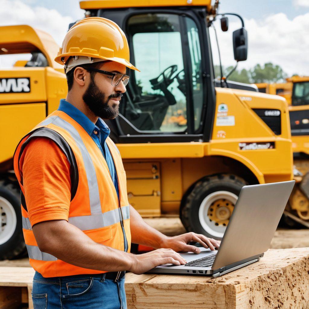 A split image showing a construction worker evaluating heavy machinery rental options on one side, and on the other side, showcasing a satisfied buyer closing a purchase deal over a laptop surrounded by heavy equipment. Include visual elements like construction sites, machinery, and clear labeling of 'Rental' and 'Purchase'. Create a sense of progression and decision-making. vibrant colors. 3D.
